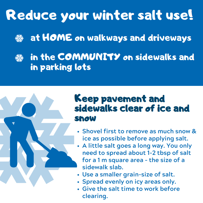 a blue and white background with text reading "reduce your winter salt use at home and in your community" 