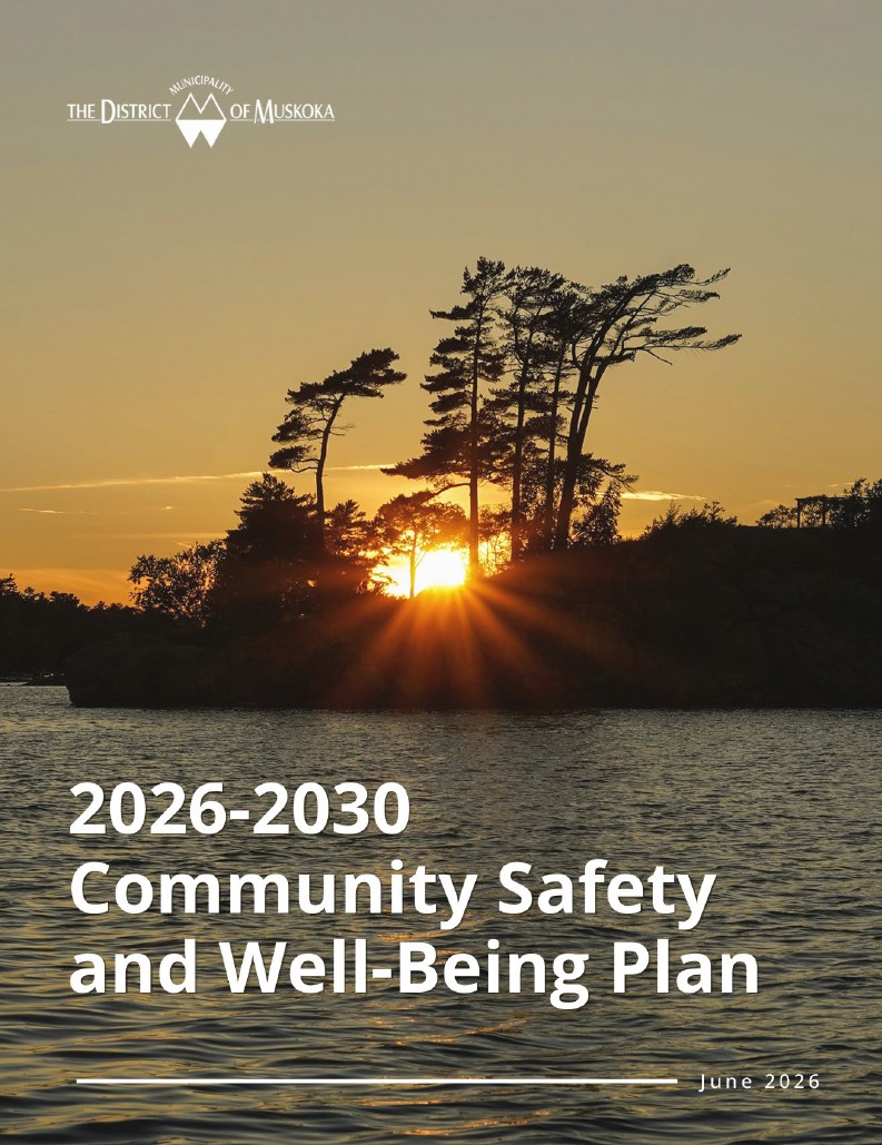 Sunset with text over top "2026-2030 Community Safety Well-Being Plan"