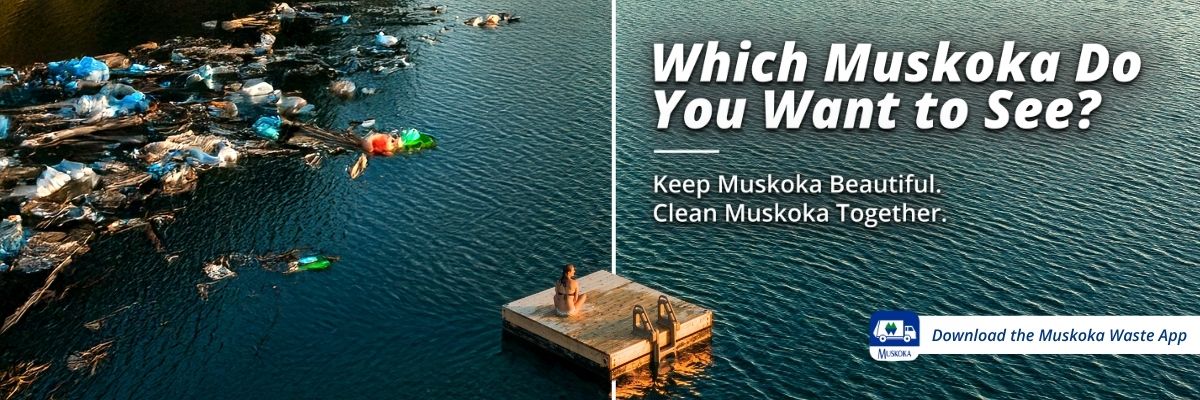 Image of a lake with garbage floating in the lake on one side and the other being clean