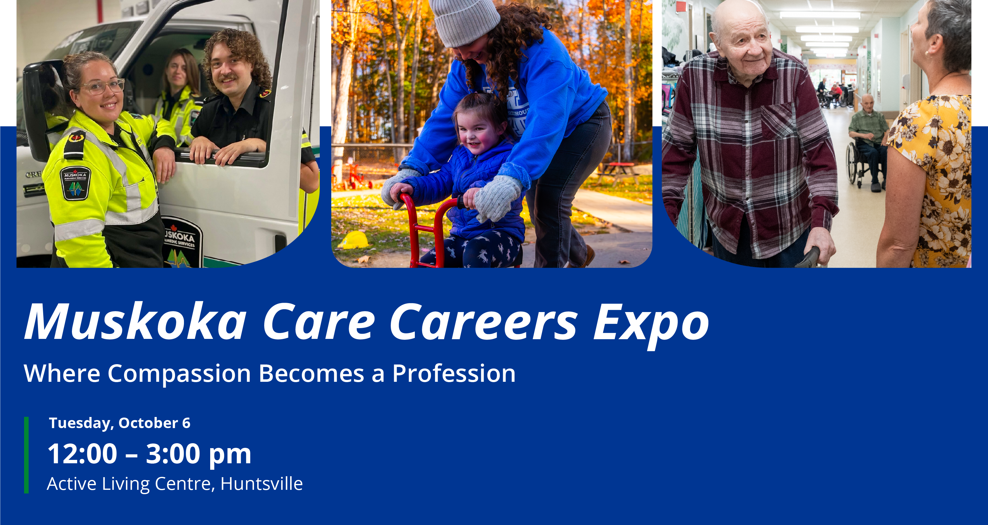 Banner with three images showing different care career oportunities