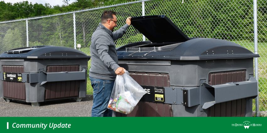 Man throwing a clear garbage bag into a dumpster