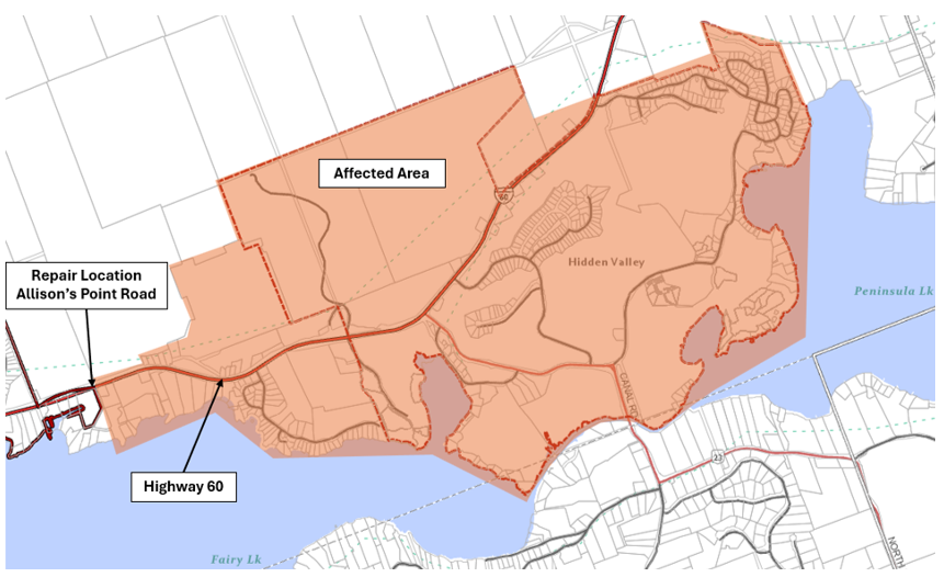 Affected Highway 60 water interruption area Affected Highway 60 water interruption area map